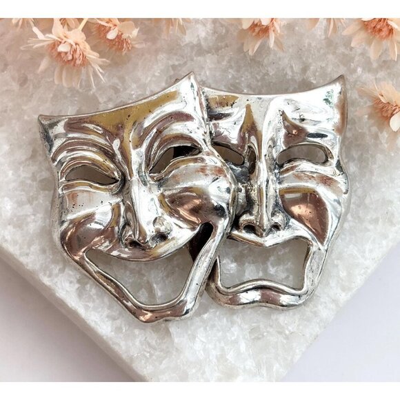 Beau Sterling Comedy & Tragedy Modernist Theater Mask Vintage Brooch Pin